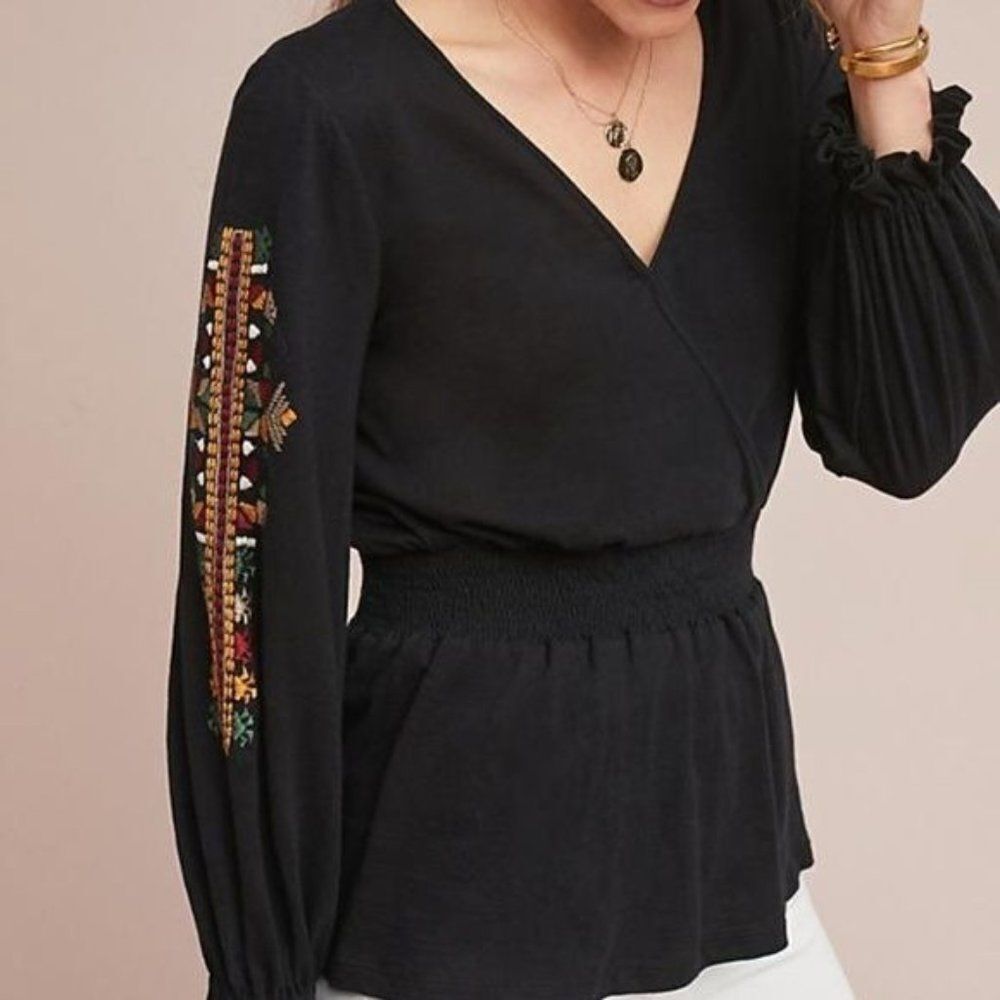 Anthropologie Ranna Gill Deidra Blouse Embroidered Sleeve Wrap Smocked Top Black